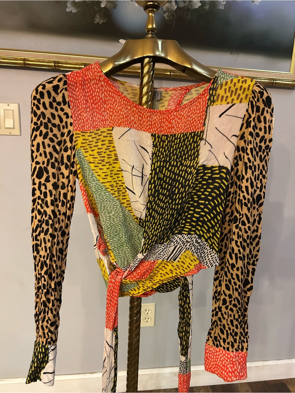 Mixed-Print Long Sleeve Wrap Top in Coral, Yellow & Leopard